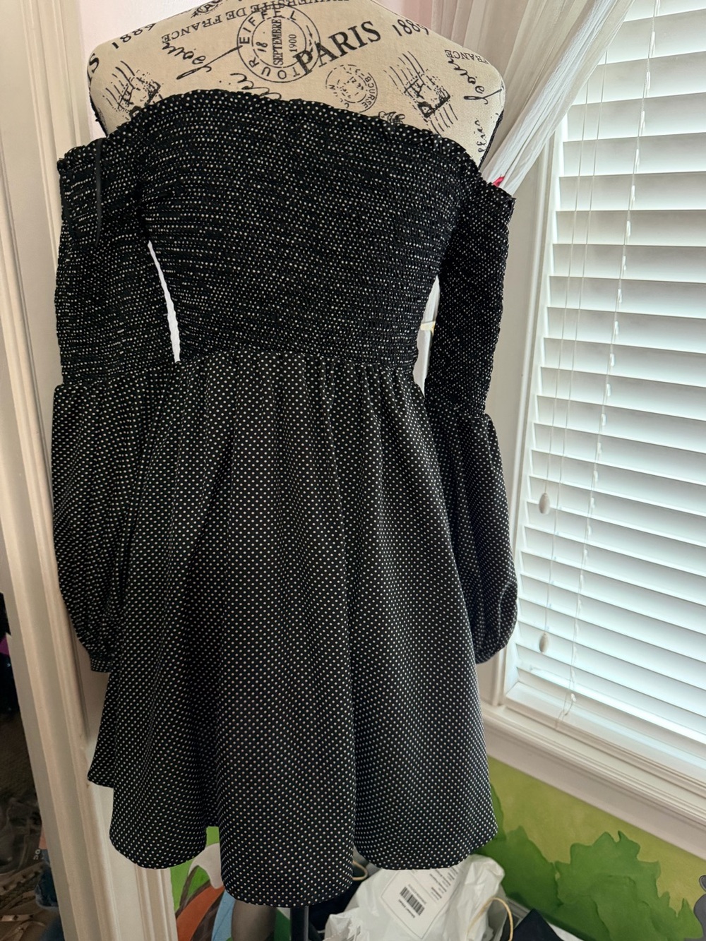 Black Off-Shoulder Polka Dot Dress